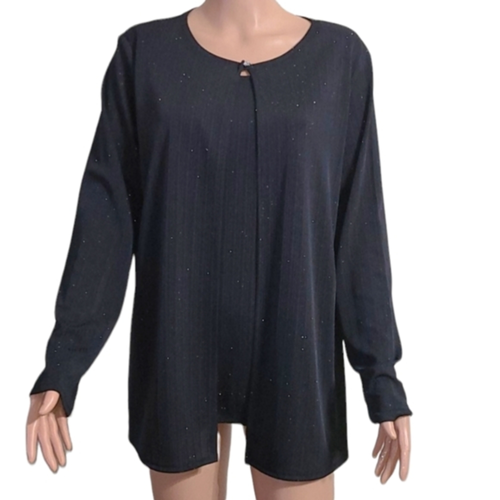 Jaclyn Smith Metallic black round neck long sleeve‎ Womens blouse Size L Large